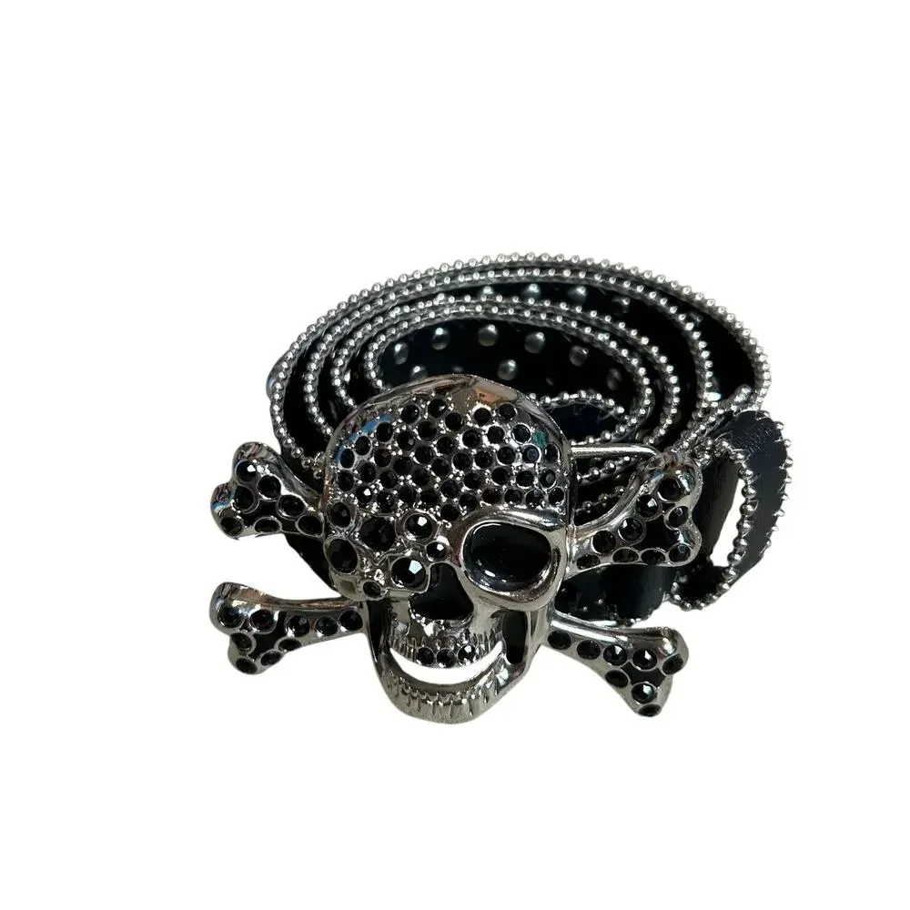 Pirate Belt Silver Rhinestone Skull Black Leather Glam Rock Goth Y2K Punk Grunge